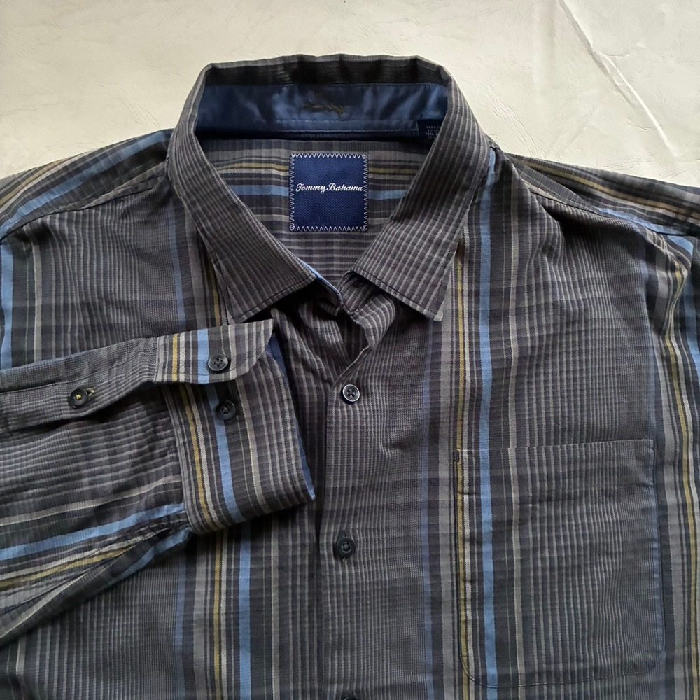 Tommy Bahama Mens XL Gray Plaid Cotton Silk Blend Long Sleeve Button Up Shirt